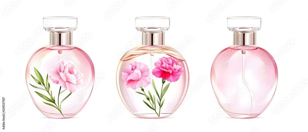 Three bottles of perfume with flowers on them Three bottles of perfume with flowers on them