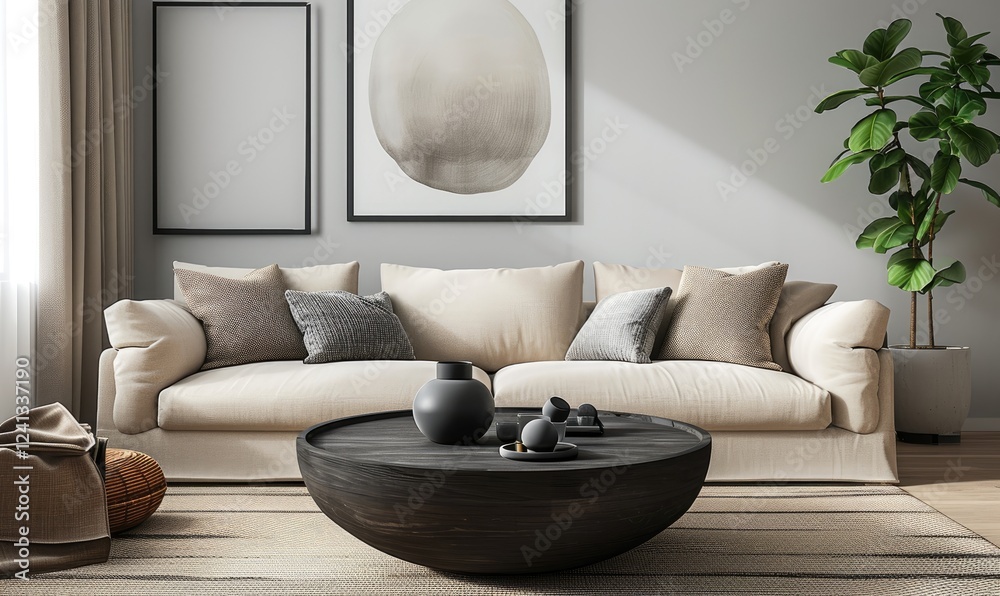 Modern Living Room Decor With Beige Sofa And Dark Round Wood Coffee Table Against Abstract Frame Background