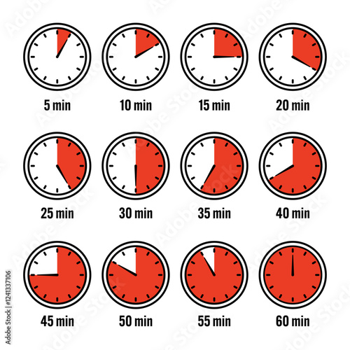Stopwatch icons. Colorful simple chronometer, time counter with dial. Countdown timer showing hours and minutes. Deadline, measurement for sport. Cooking time label, sticker. Vector illustration