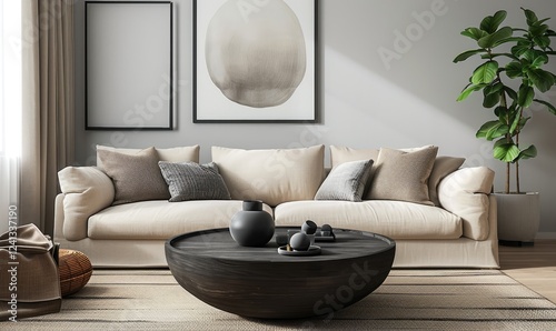 Modern Living Room Decor With Beige Sofa And Dark Round Wood Coffee Table Against Abstract Frame Background