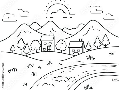 Landscape coloring page book for kids vector illustration