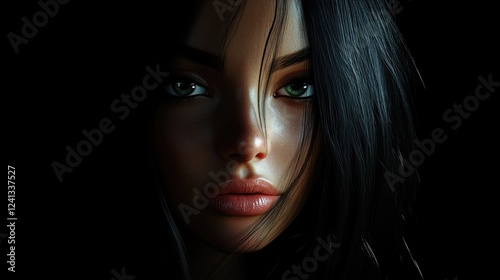 Portrait of an alluring woman with long dark hair and striking green eyes against a dramatic black background showcasing beauty and depth.