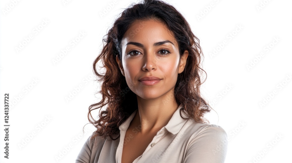 Confident Hispanic woman with curly hair posing in a light beige shirt, isolated against a bright white background in a professional studio setting. Confident Hispanic woman with curly hair posing in a light beige shirt, isolated against a bright white background in a professional studio setting.