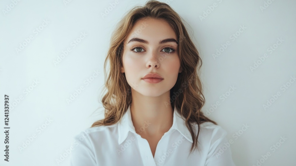 Professional portrait of a young woman with long wavy brown hair, wearing a white shirt, holding skincare cream, against a light neutral background. Professional portrait of a young woman with long wavy brown hair, wearing a white shirt, holding skincare cream, against a light neutral background.