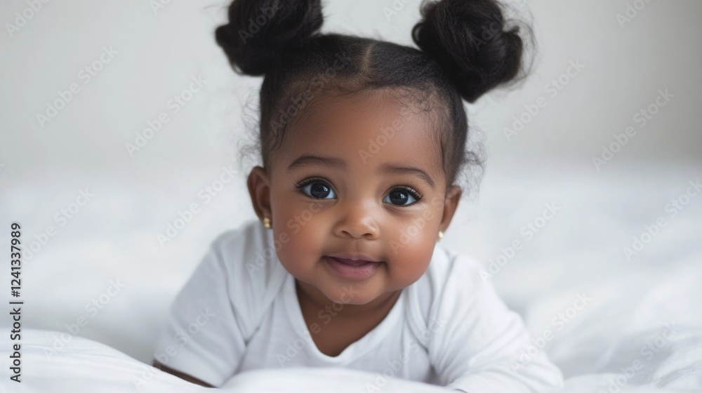 Smiling toddler girl with dark curly hair in buns lying on soft white bed, innocence and happiness captured in cozy indoor setting. Smiling toddler girl with dark curly hair in buns lying on soft white bed, innocence and happiness captured in cozy indoor setting.