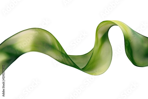 A beautifully twisted green silk ribbon creating an elegant shape, isolated on a transparent background