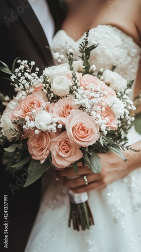 Elegant Bridal Bouquet: Peach Roses and Baby's Breath photo