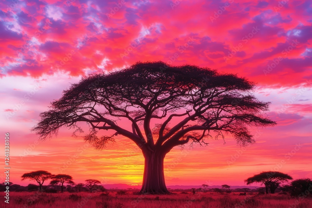Silhouette of a large tree at sunset in the savanna. Silhouette of a large tree at sunset in the savanna.