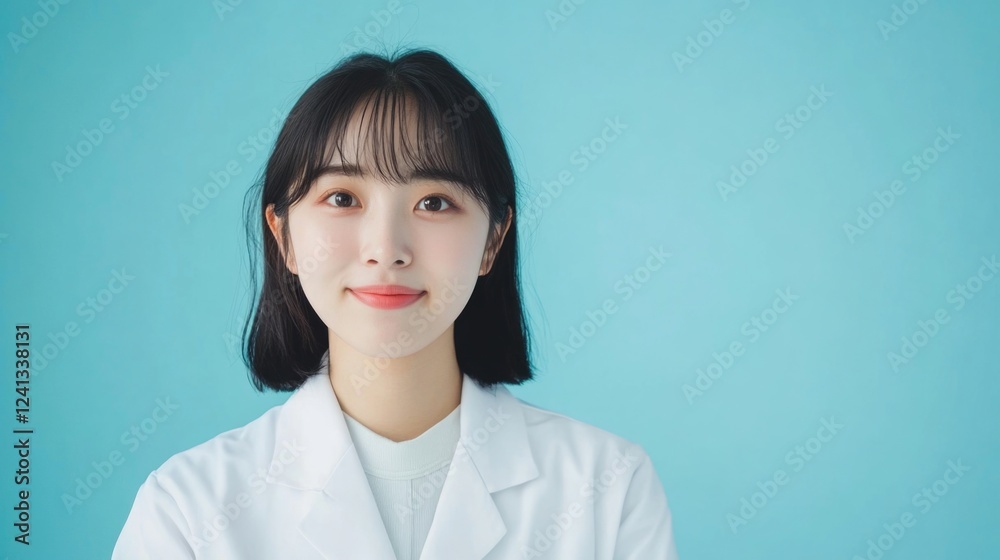 Portrait of a young Asian female doctor smiling confidently against a light blue background wearing a white lab coat, showcasing professionalism and approachability. Portrait of a young Asian female doctor smiling confidently against a light blue background wearing a white lab coat, showcasing professionalism and approachability.