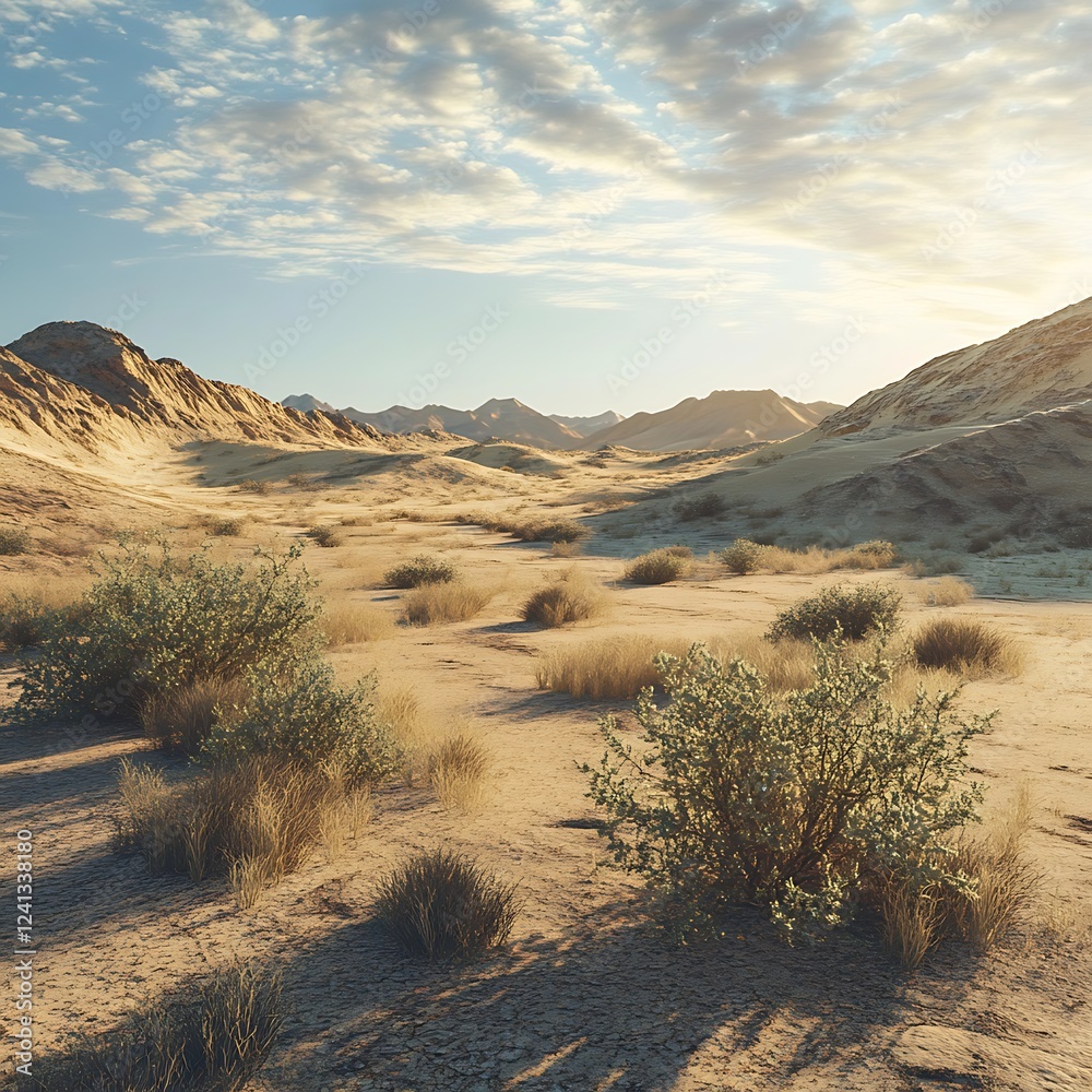 Naklejka premium Vast sandy desert stretching under endless sky with sparse desert plants scattered