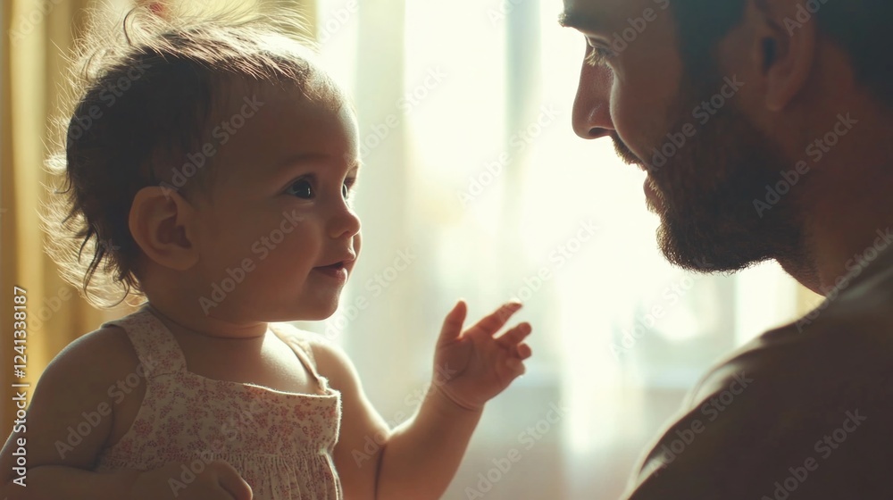 Playful toddler girl engaging with her father in warm sunlight, joyful interaction, home setting with soft light, emotional connection, family bonding.