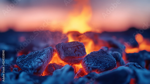 gros plan sur les braises incandescentes d'un feu de camp  photo