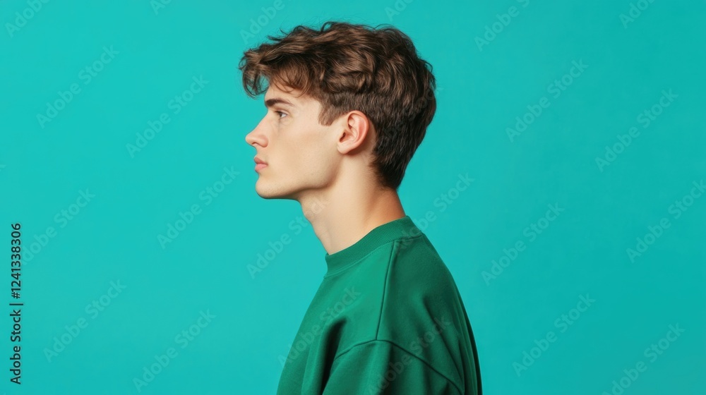 Confident young adult man with tousled hair looking thoughtfully into space wearing a vibrant green pullover against a solid turquoise background.