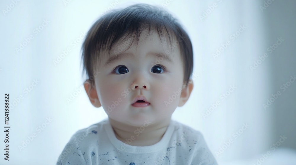 Curious Asian baby boy with expressive eyes gazing serenely on soft white background, capturing innocence and wonder in early childhood. Curious Asian baby boy with expressive eyes gazing serenely on soft white background, capturing innocence and wonder in early childhood.