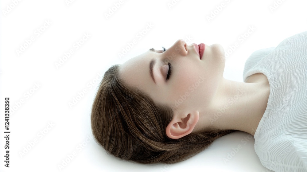 Serene portrait of a young woman with flawless skin and closed eyes, lying peacefully on a pristine white background, showcasing natural beauty and tranquility. Serene portrait of a young woman with flawless skin and closed eyes, lying peacefully on a pristine white background, showcasing natural beauty and tranquility.