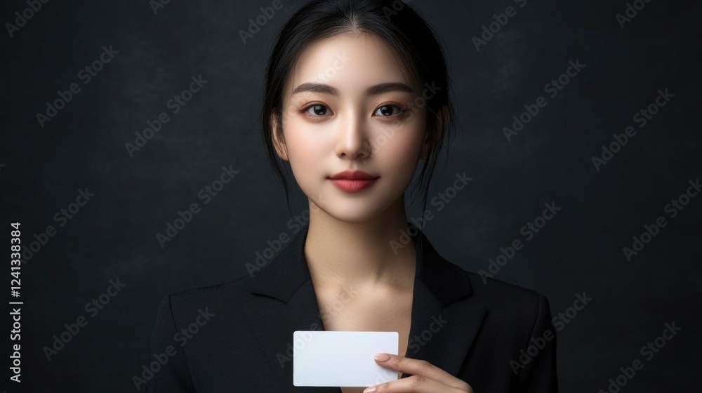 Naklejka premium Elegant Portrait of Young Asian Businesswoman in Black Suit Presenting Blank Business Card Against Dark Background