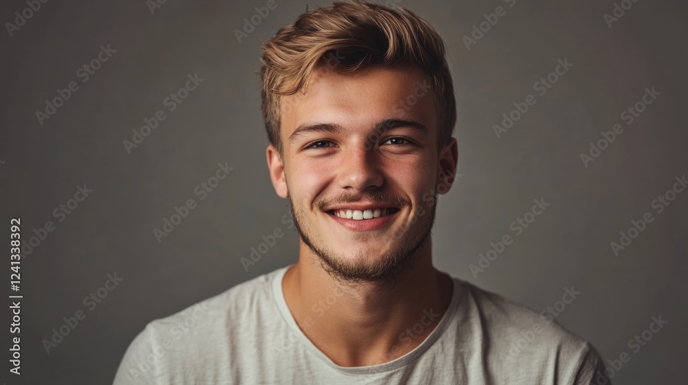 Positive smiling young man with light brown hair, wearing a casual white t-shirt, in a studio setting with soft gray background. Positive smiling young man with light brown hair, wearing a casual white t-shirt, in a studio setting with soft gray background.
