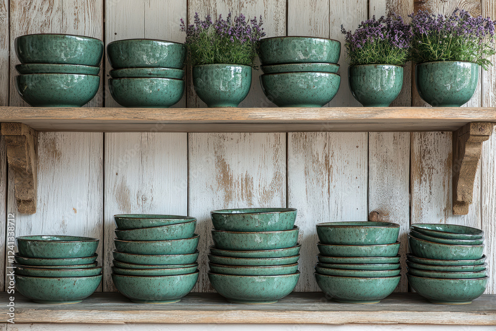 wooden shelf with rustic dishes - green ceramic bowls, neatly stacked in piles. wooden shelf with rustic dishes - green ceramic bowls, neatly stacked in piles.