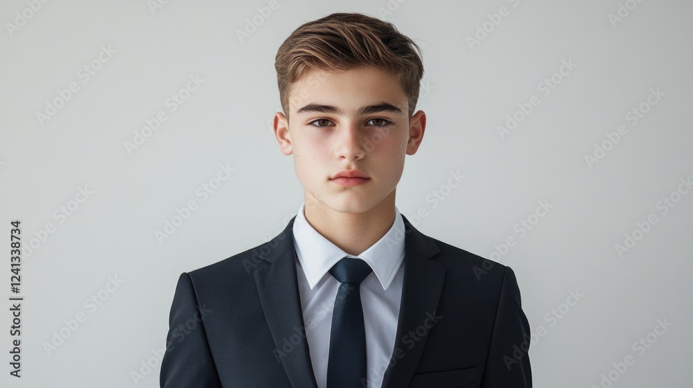Serious teenage boy wearing a tailored black suit and tie against a soft white background, capturing elegance and poise in a formal portrait. Serious teenage boy wearing a tailored black suit and tie against a soft white background, capturing elegance and poise in a formal portrait.