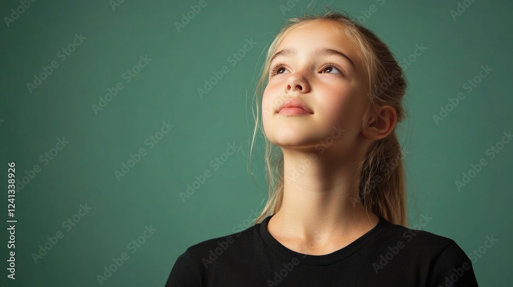 Caucasian teenage girl with blonde hair gazing upward wearing a black t-shirt against a soft green graduated background showcasing hope and reflection Caucasian teenage girl with blonde hair gazing upward wearing a black t-shirt against a soft green graduated background showcasing hope and reflection