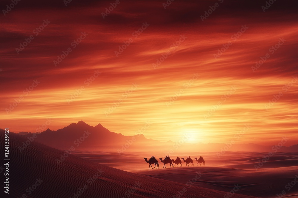 Fototapeta premium Camel caravan silhouetted against a fiery sunset.