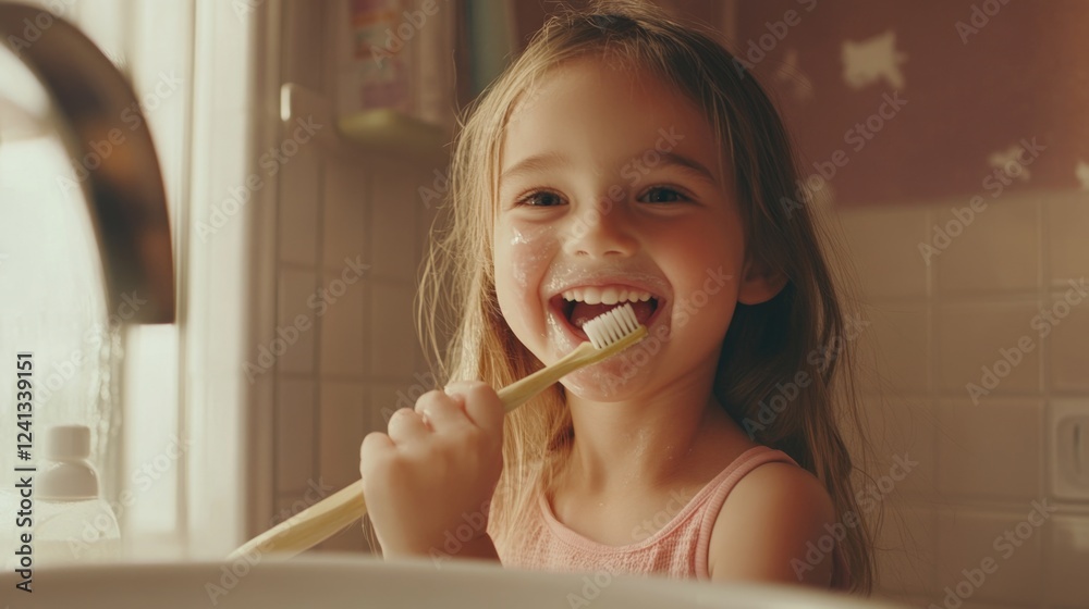 Cheerful preschool girl brushing her teeth with yellow toothbrush in bright bathroom setting, soft sunlight streaming through window, pastel walls Cheerful preschool girl brushing her teeth with yellow toothbrush in bright bathroom setting, soft sunlight streaming through window, pastel walls