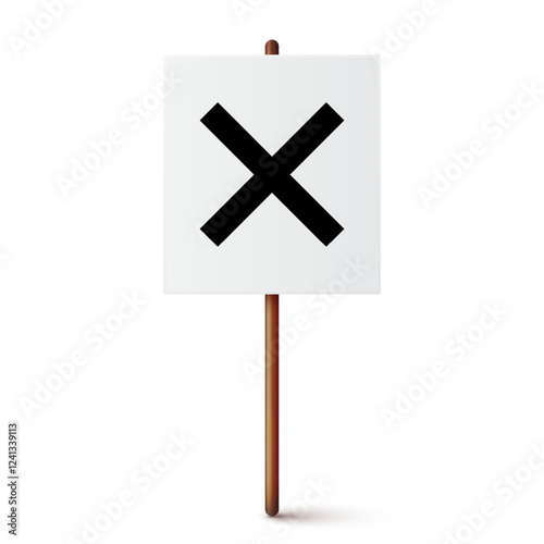 Protest sign with text slogan and wooden holder. Demonstration banner. Strike action cardboard placard mockup. Social advertisement. Vector illustration