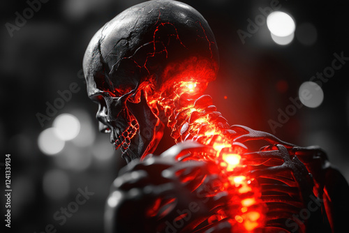 Human skull and spine in a semi-futuristic style with glow effects. The skull and bones look dark and realistic, with a metallic sheen  photo