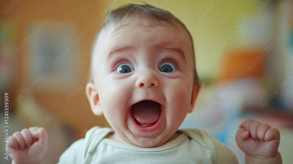 Playful joyful infant with big expressive eyes smiling widely in bright indoor setting celebrating cheerful family moments of happiness and bonding Playful joyful infant with big expressive eyes smiling widely in bright indoor setting celebrating cheerful family moments of happiness and bonding