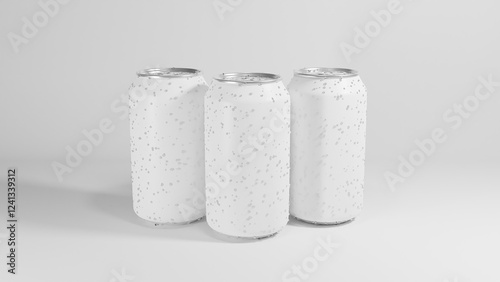 White Aluminum Cans with Water Droplets on a White Background