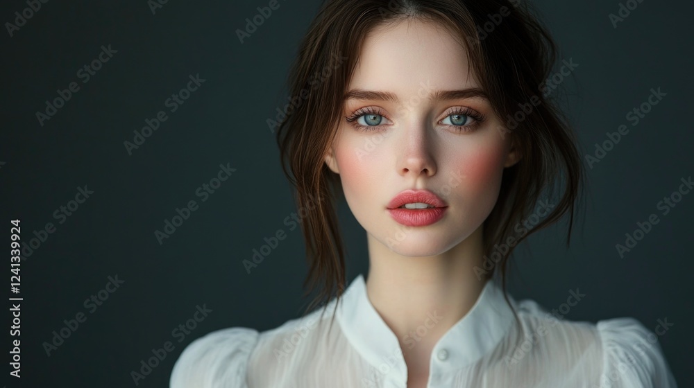 Emotional studio portrait of a beautiful young woman with dark brown hair and pink lips wearing a white blouse against a dark background. Emotional studio portrait of a beautiful young woman with dark brown hair and pink lips wearing a white blouse against a dark background.