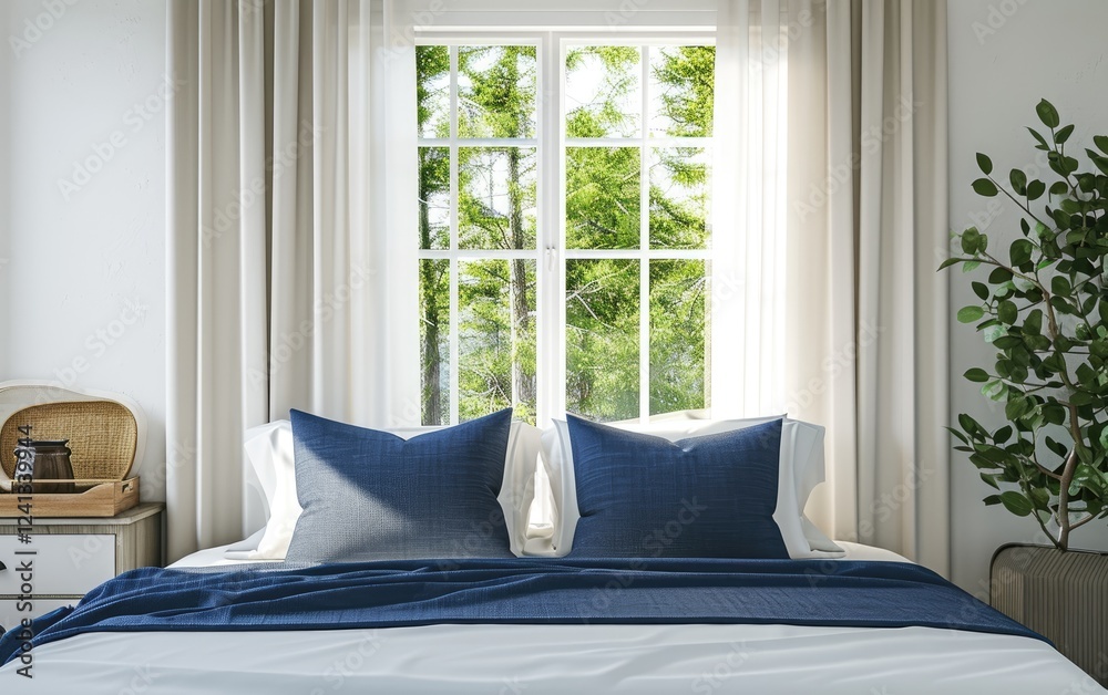 Minimalist bedroom with blue bedding pillows near houseplant a calming atmosphere and a view of trees through a window.