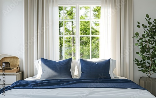 Obraz na płótnie Minimalist bedroom with blue bedding pillows near houseplant a calming atmosphere and a view of trees through a window. w salonie