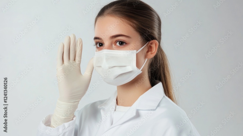 Young female doctor in white coat wearing medical mask and gloves, smiling and greeting, with neutral background and bright lighting Young female doctor in white coat wearing medical mask and gloves, smiling and greeting, with neutral background and bright lighting