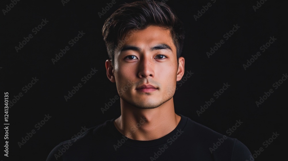 Naklejka premium Asian man engaged in a virtual reality experience with a focused expression on a black background, showcasing modern technology and immersive entertainment.
