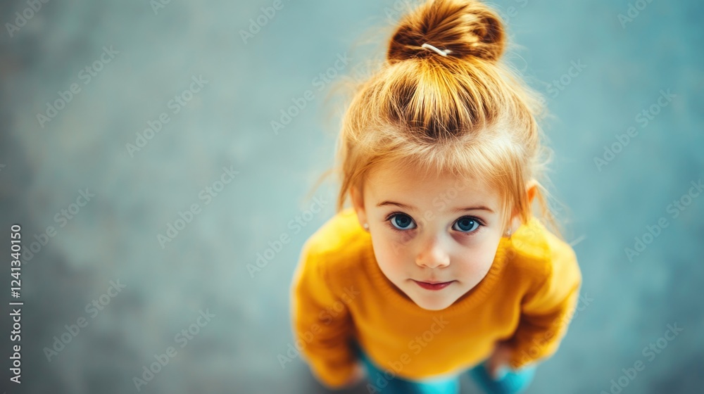Cute little girl with blonde hair in a bun wearing a bright yellow sweater looking up from above against a gray background symbolizing new beginnings. Cute little girl with blonde hair in a bun wearing a bright yellow sweater looking up from above against a gray background symbolizing new beginnings.