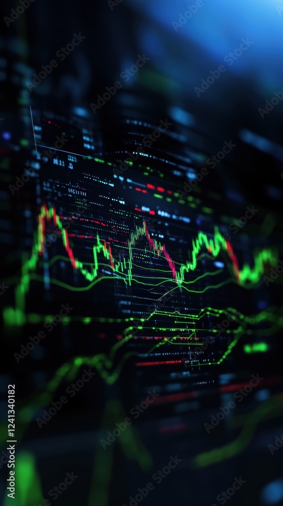 Obraz premium Futuristic trading interface with bright green candlestick charts, highlighting financial analysis, trading algorithms, and market speculation.