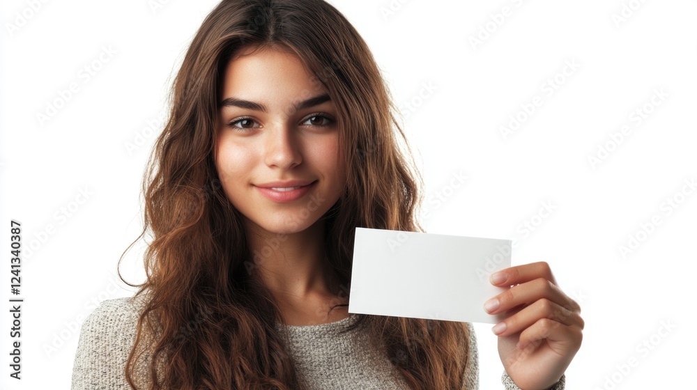 Young woman student with long wavy brown hair holding blank white card smiling cheerfully against clean white background, showcasing confident expression Young woman student with long wavy brown hair holding blank white card smiling cheerfully against clean white background, showcasing confident expression