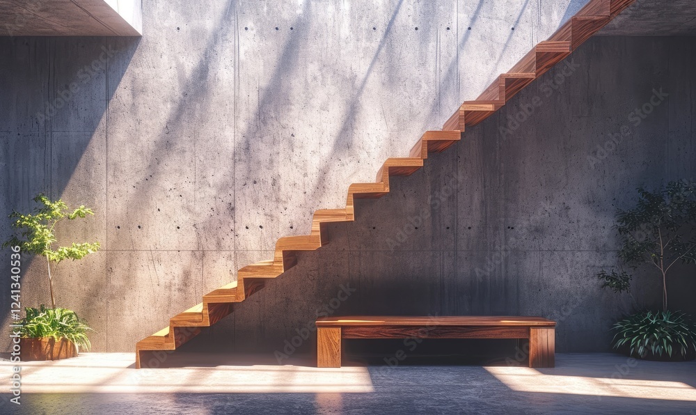 Home Interior Design Hallway of Wooden Staircase and Wooden Bench Against Concrete Wall