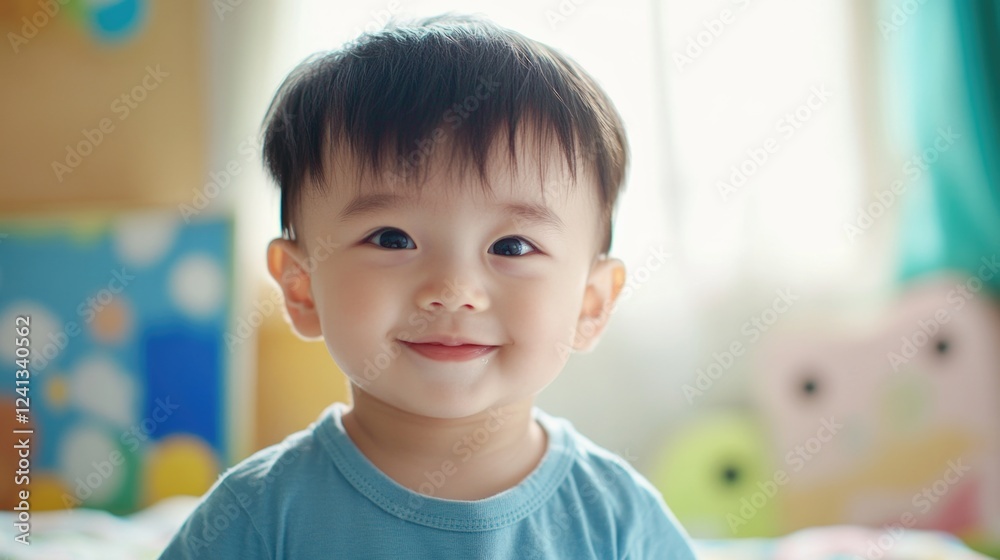Smiling baby boy with dark hair in light blue shirt sitting on colorful bedding in bright nursery room with soft natural light Smiling baby boy with dark hair in light blue shirt sitting on colorful bedding in bright nursery room with soft natural light