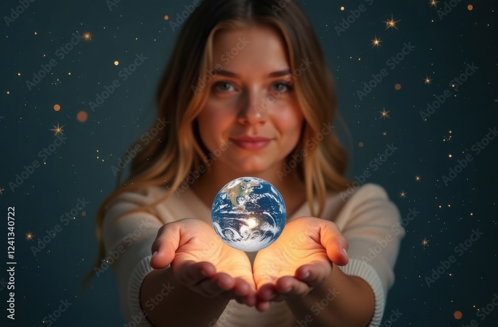 Naklejka premium A woman holds the Earth, the universe, and the planet in her hands, protecting and saving it. The whole world is in the palm of a young woman's hand.