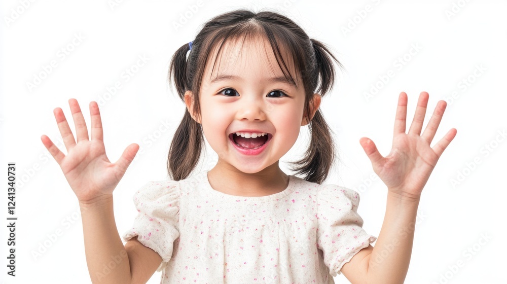 Joyful Asian Little Girl with Pigtails Raising Hands and Smiling in Front of Isolated Bright White Background Celebrating Childhood Happiness Joyful Asian Little Girl with Pigtails Raising Hands and Smiling in Front of Isolated Bright White Background Celebrating Childhood Happiness
