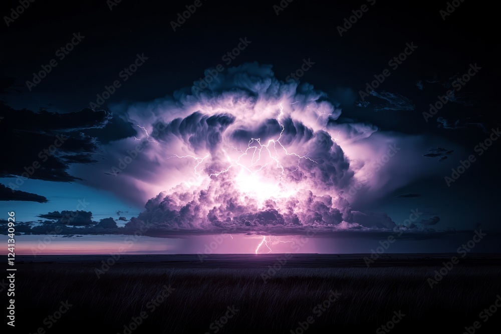 Fototapeta premium Massive thunderstorm with vibrant purple lightning illuminating a vast plain.