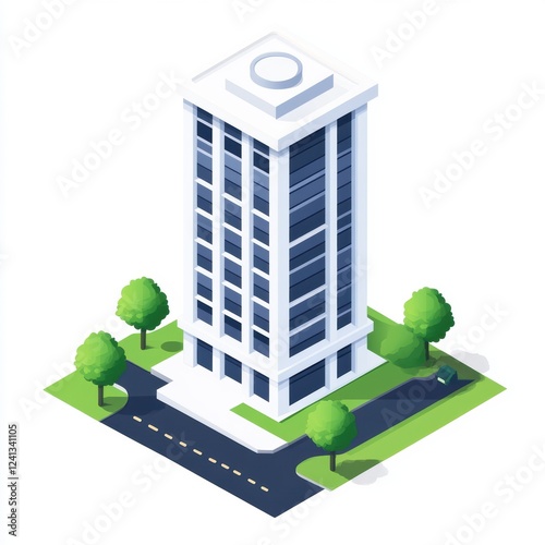 Isometric white high-rise office building with a green landscape and street details. photo