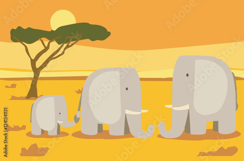 family of elephants cartoon flat vector character african scenery children book illustration