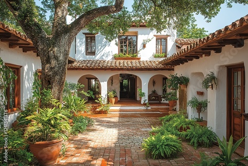 A tranquil courtyard garden nestled within a sun-drenched whitewashed hacienda Lush greenery and terracotta accents create a serene atmosphere