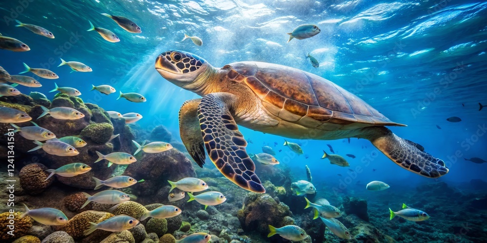 Fototapeta premium Sea Turtle Swimming Among Colorful Fish in Vibrant Coral Reef