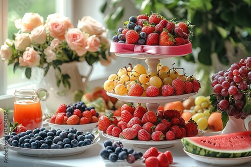 A delightful display of fresh fruit including strawberries blueberries grapes and watermelon arranged on tiered stands and complemented by a bouquet of roses