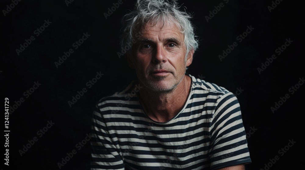 Obraz premium thoughtful 30-year-old man with tousled gray hair wearing a black and white striped shirt against a dark background portrait