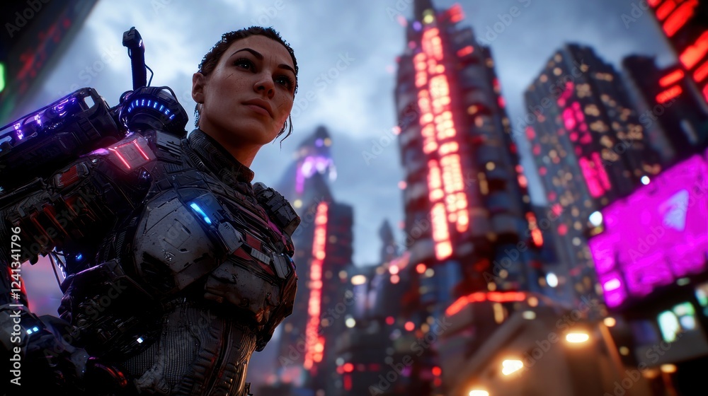 Futuristic cityscape with a cybernetic warrior observing neon-lit skyscrapers at dusk Futuristic cityscape with a cybernetic warrior observing neon-lit skyscrapers at dusk
